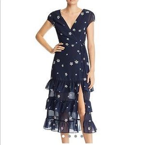 AQUA Daisy Faux-Wrap Floral-Print Midi Dress